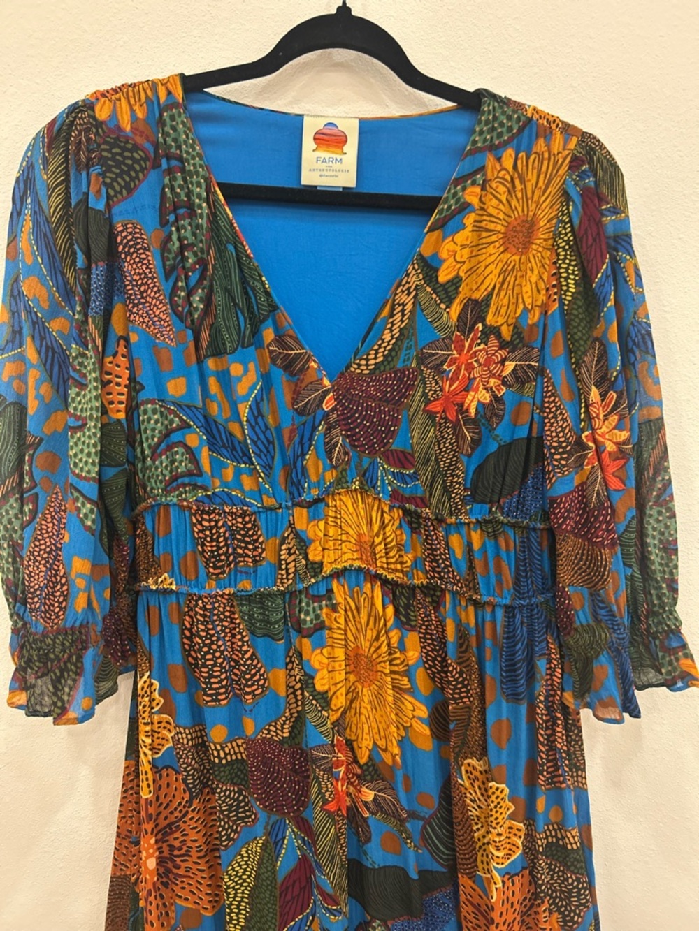 Farm rio smocked waist puff sleeve floral maxi dress Med boho feminine tropical - Picture 5 of 8